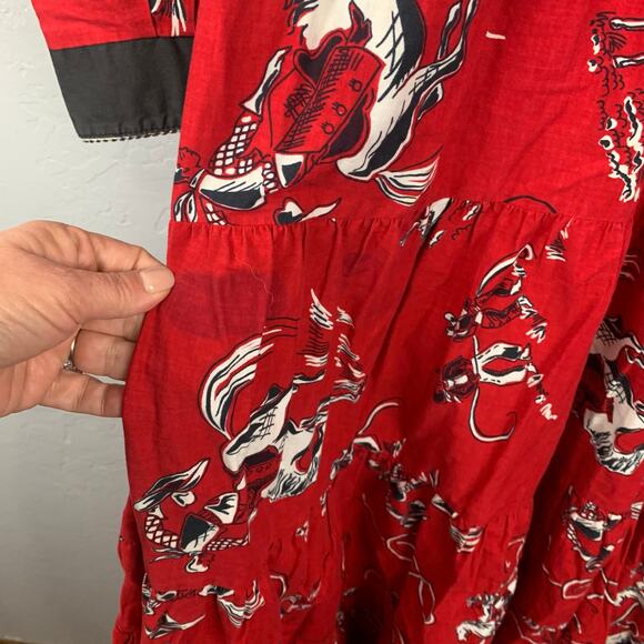 Vintage Circle T Rodeo Motif Midi Dress Size 16 Red Black  Bronc Ride - Picture 8 of 12